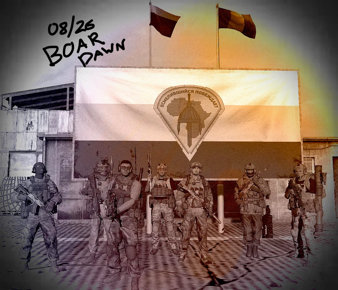 Panther Group squad lined up in front of a unit banner after Operation Boar Dawn